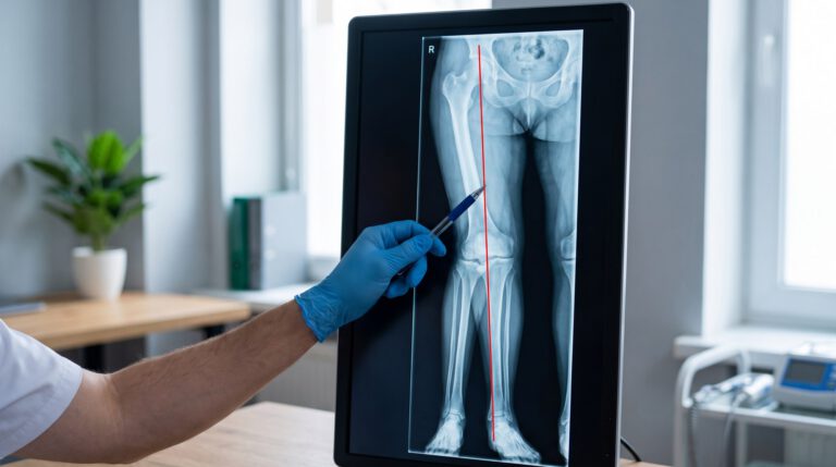 Full-length leg alignment X-rays on a clinic lightbox