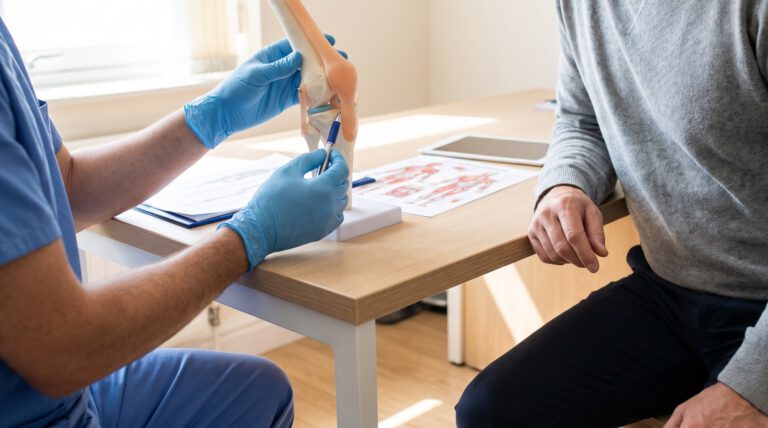 Surgeon talking through a plan with a patient